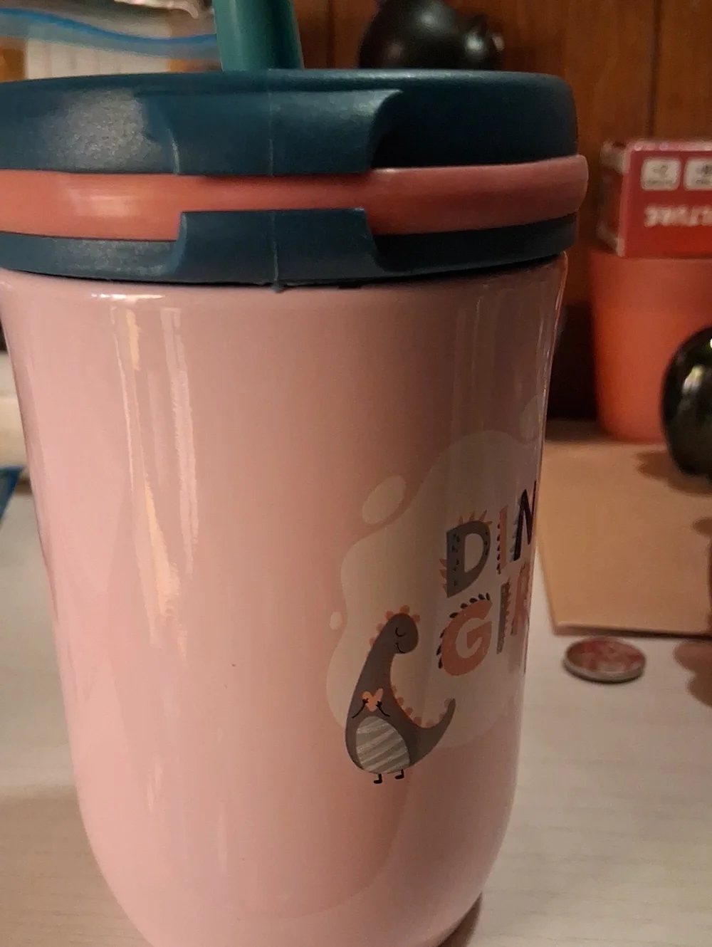 Dino Girl Pink Kids Straw Cup with Teal Lid Travel Mug